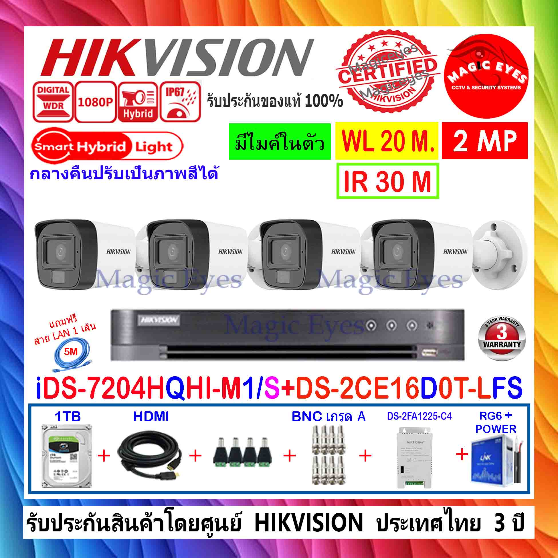 HIKVISION 2MP รุ่น DS-2CE16D0T-LFS 2.8(4)+DVR IDS-7204HQHI-M1/S+ชุด 1TB DS-2FA1225-C4/AC ประกอบด้วย