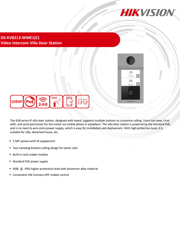 HIKVISION กล้องพร้อมปุ่มกด Buttons Metal Villa Door Station DS-KV8213-WME1(C) - Image 4
