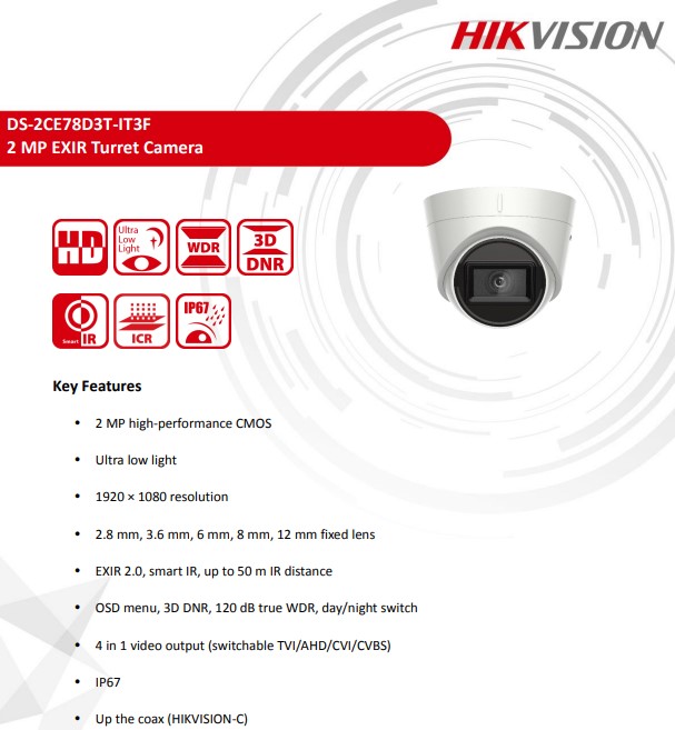 HIKVISION 2MP กล้องวงจรปิด รุ่น DS-2CE78D3T-IT3F 3.6mm(1ตัว) (ไม่ใช่ Smart hybrid light) - Image 2