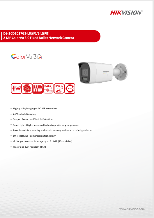 HIKVISION กล้องวงจรปิด Colorvu IP Camera 2MP รุ่น DS-2CD1027G3-LIU 2.8มม. หรือ 4มม. 1ตัว - Image 2