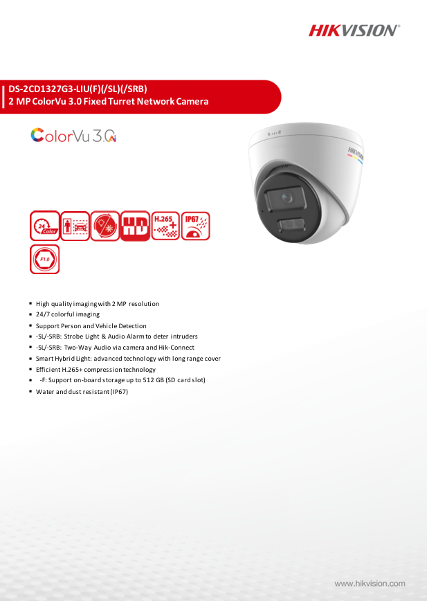 HIKVISION กล้องวงจรปิด COLORVU IP CAMERA 2MP รุ่น DS-2CD1327G3-LIU 2.8mm//4mm(1ตัว) - Image 2
