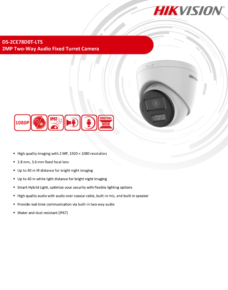 HIKVISION 2MP กล้องวงจรปิด Two Way Talk DS-2CE78D0T-LTS 2.8/3.6mm (ไม่ใช่กล้องWi-Fi) - Image 2