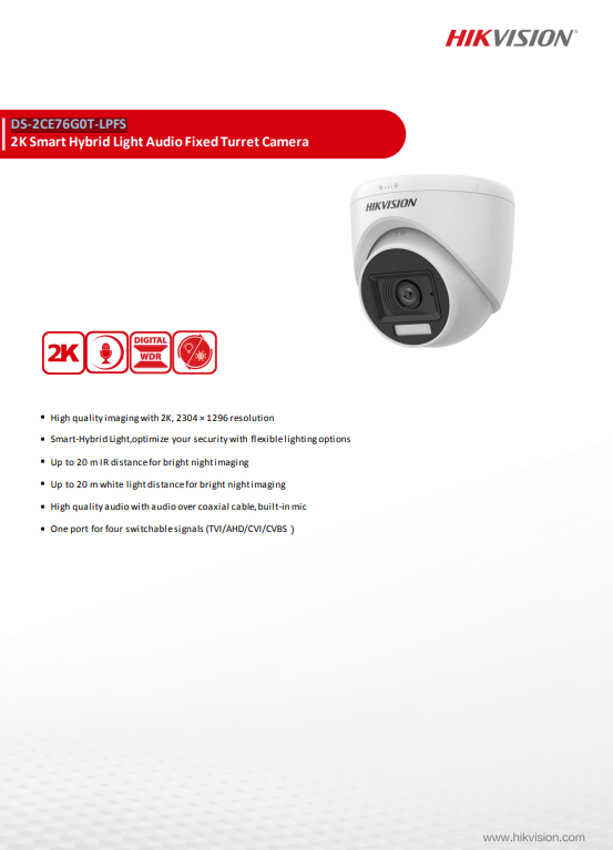 HIKVISION กล้องวงจรปิด Smart Hybrid Light 2K รุ่น DS-2CE76G0T-LMFS 2.8mm หรือ 3.6mm (1ตัว) - Image 2