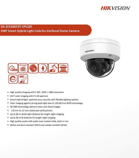 HIKVISION COLORVU กล้องวงจรปิด 2MP รุ่น DS-2CE50DF3T-VPLSZE 2.8-12mm - Image 2